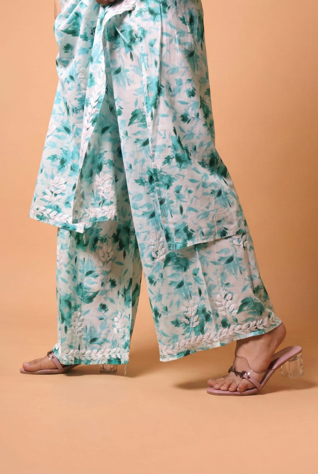 Aaliyah Mulmul Cotton Chikankari Kurti Set -Sea Green Colour