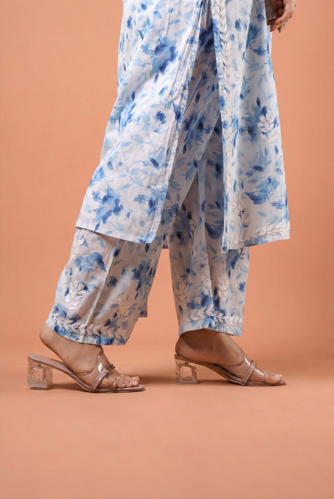 Aaliyah Mulmul Cotton Chikankari Kurti Set -Blue Colour