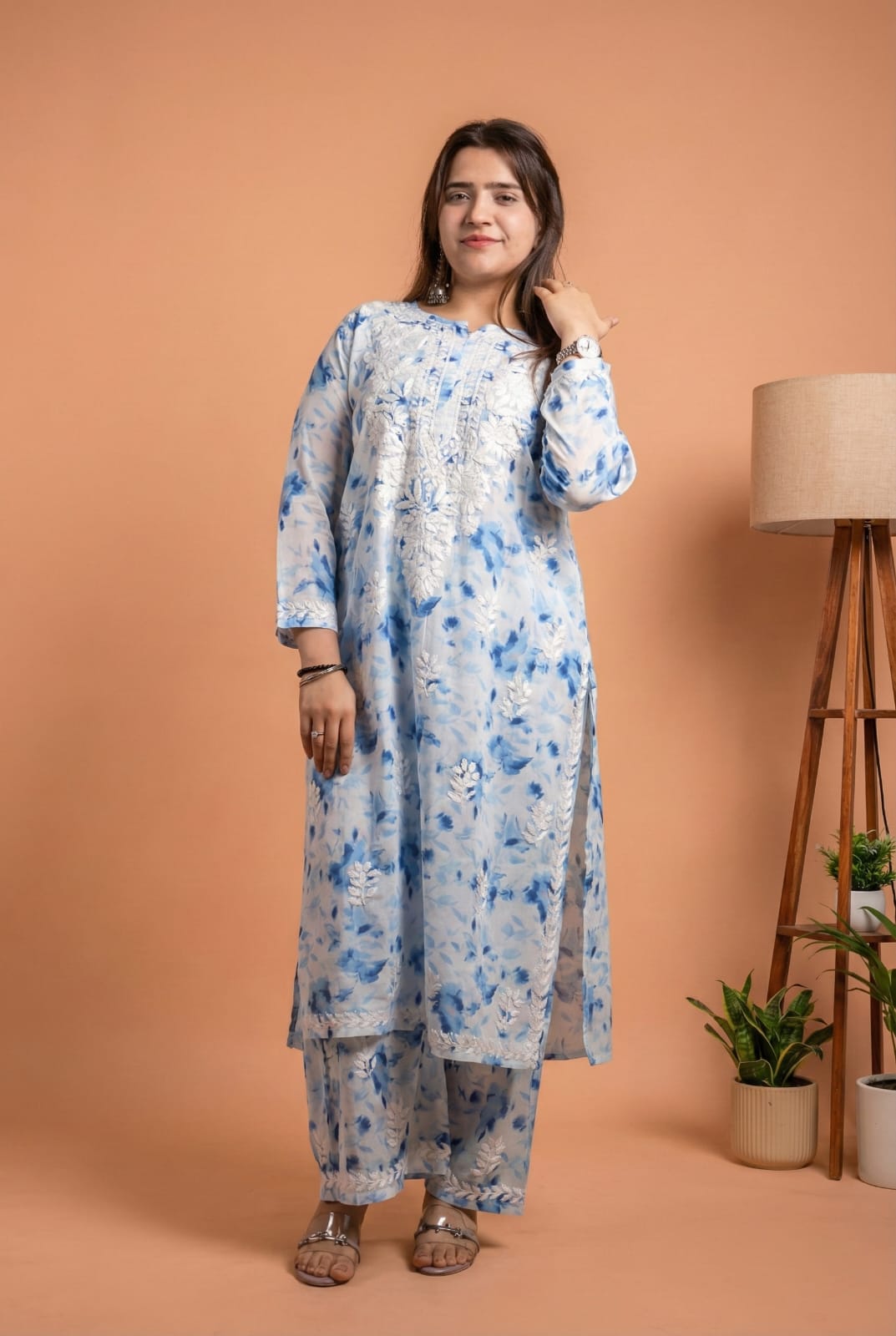 Aaliyah Mulmul Cotton Chikankari Kurti Set -Blue Colour