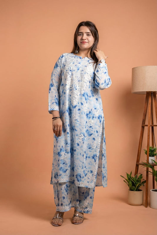 Aaliyah Mulmul Cotton Chikankari Kurti Set -Blue Colour