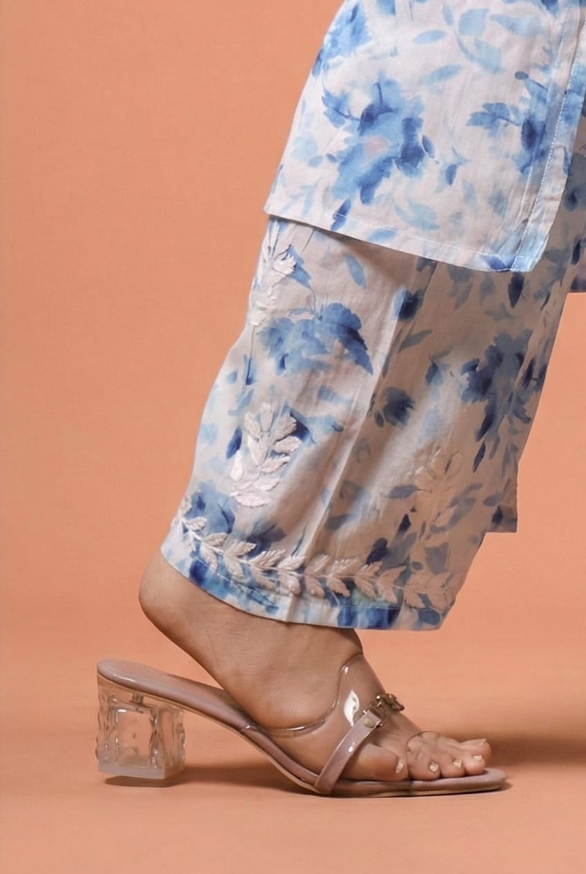 Aaliyah Mulmul Cotton Chikankari Kurti Set -Blue Colour