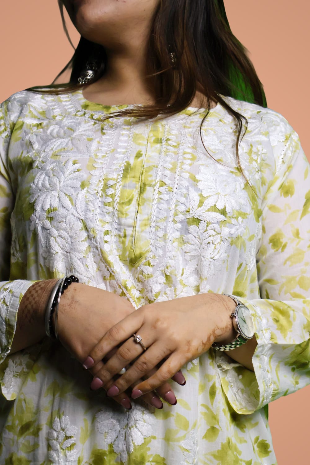 Aaliyah Mulmul Cotton Chikankari Kurti Set -Green Colour