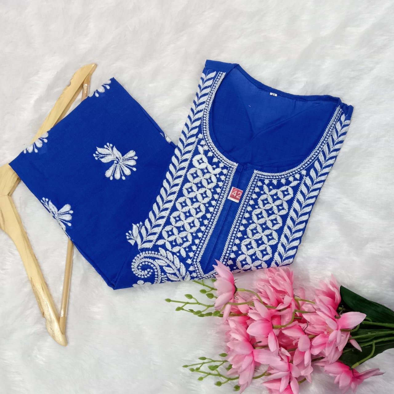 COTTON MACHINE WORK CHIKANKARI KURTI ROYAL BLUE COLOUR - chikankaar