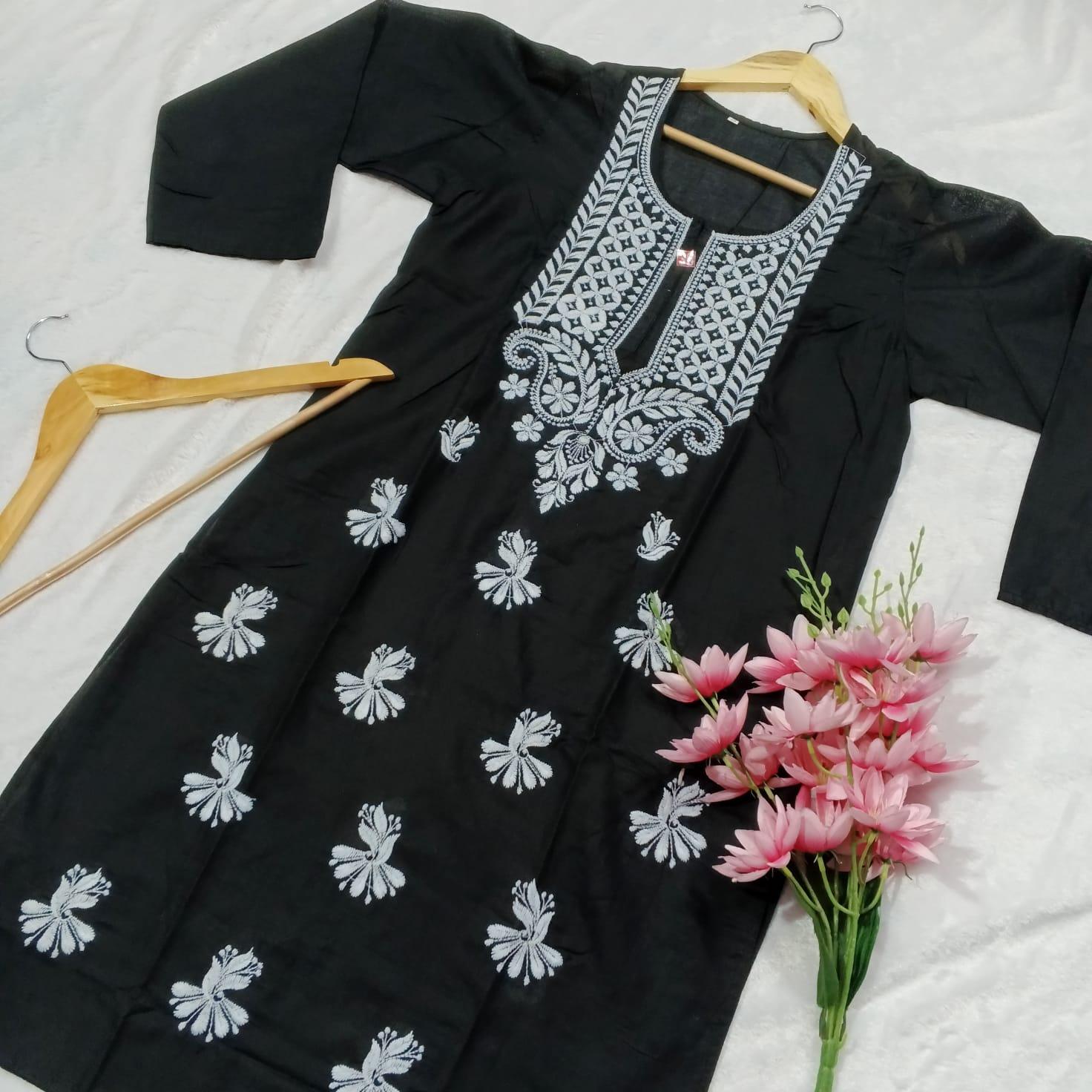 COTTON MACHINE WORK CHIKANKARI KURTI BLACK COLOUR - chikankaar