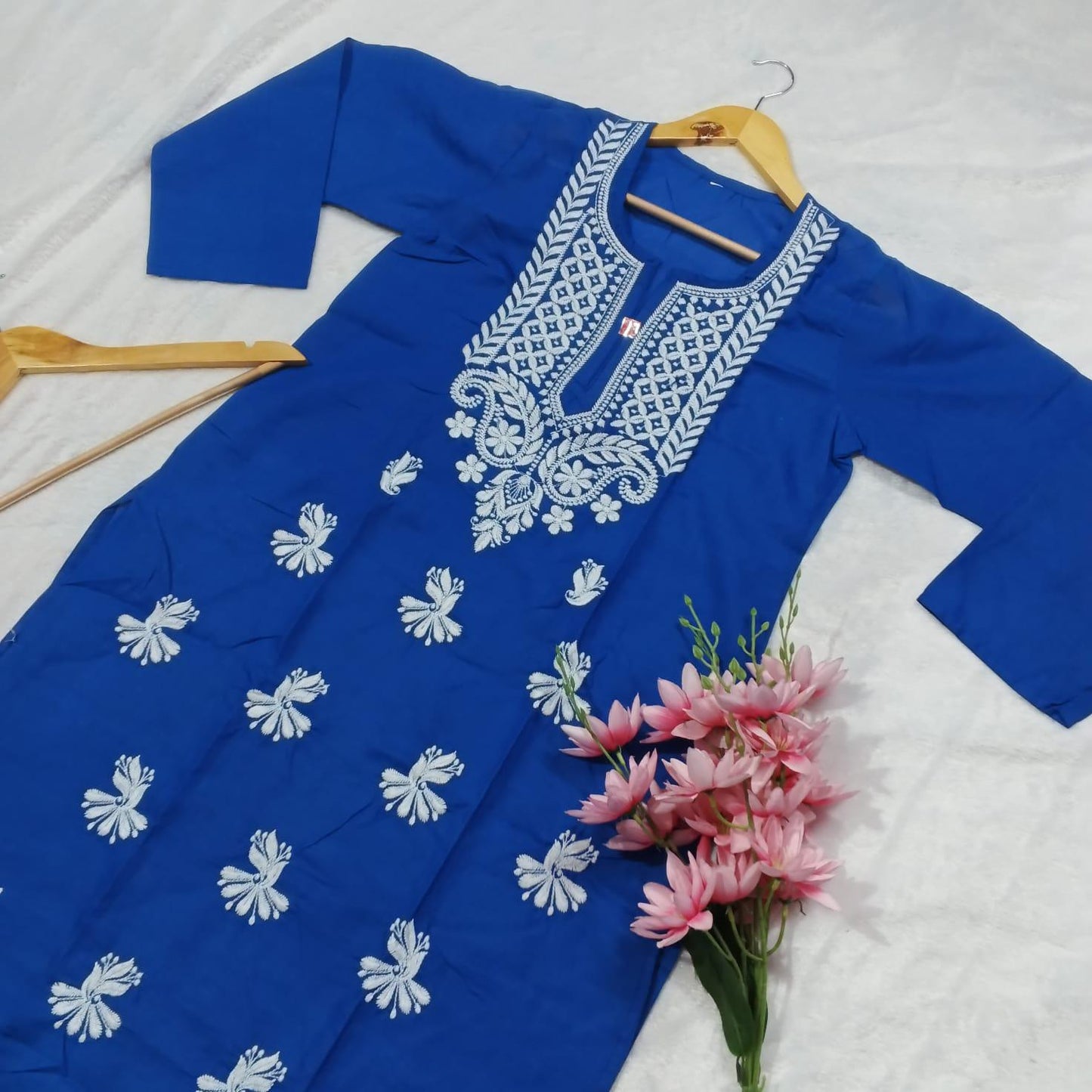 COTTON MACHINE WORK CHIKANKARI KURTI ROYAL BLUE COLOUR - chikankaar