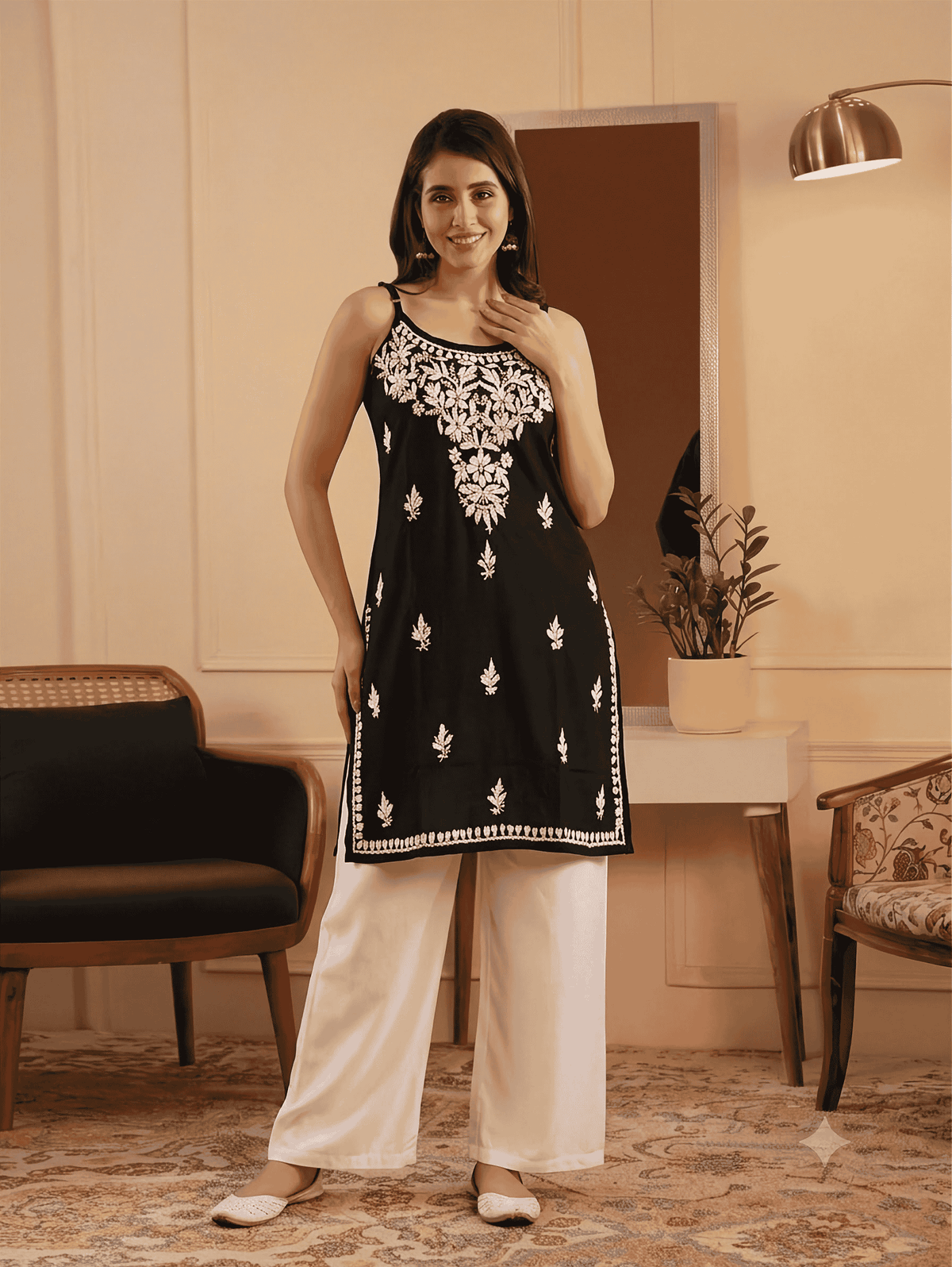 Ayla Rayon Handwork Chikankari Noodle Strap Short Kurti - Black Colour