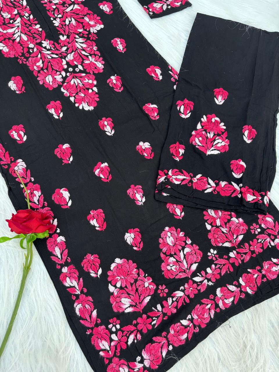 Rida Rayon Handwork Chikankari Kurti Set - Pink Colour