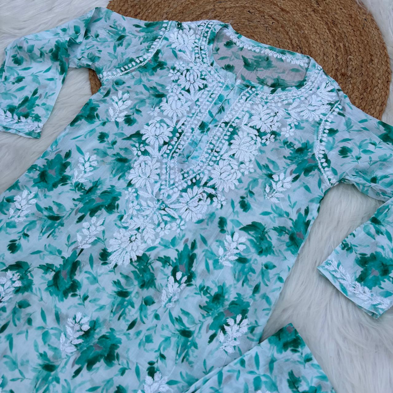 Aaliyah Mulmul Cotton Chikankari Kurti Set -Sea Green Colour