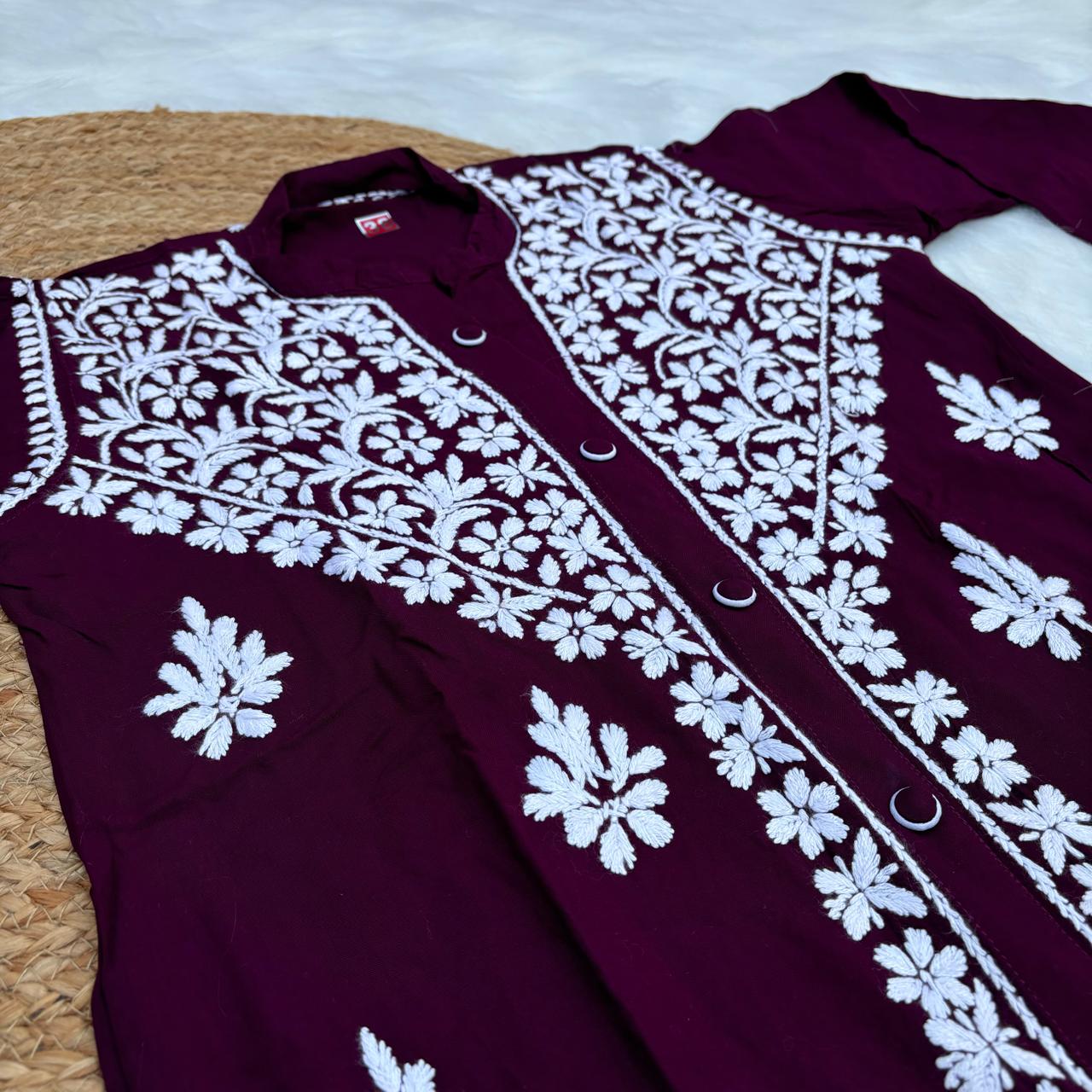 Rihana Rayon Chikankari Short Kurti Plazo Coord Set - Wine colour