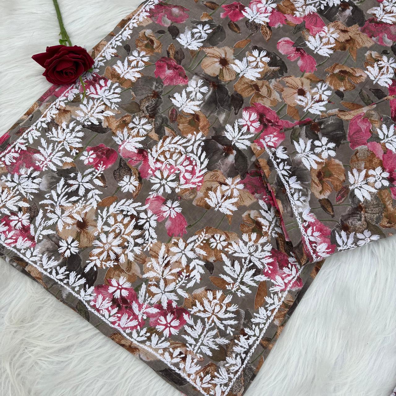 Jameela Mulmul Cotton Chikankari Kurti Set - Muted Brown Colour