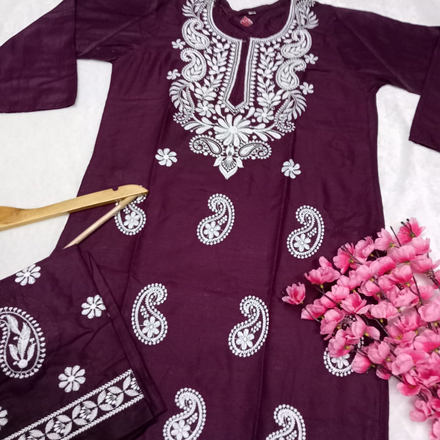 Rayon Chikankari Machine Work  Kurti Plazo Set- Wine Colour