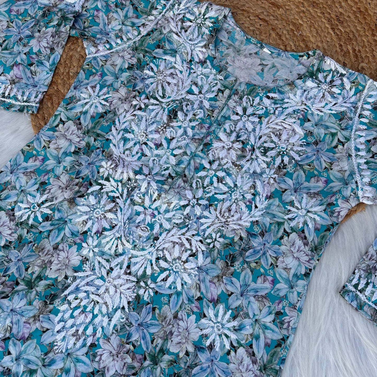 Fiza Pure Cotton Floral Lucknowi Chikankari Kurti -Blue Colour