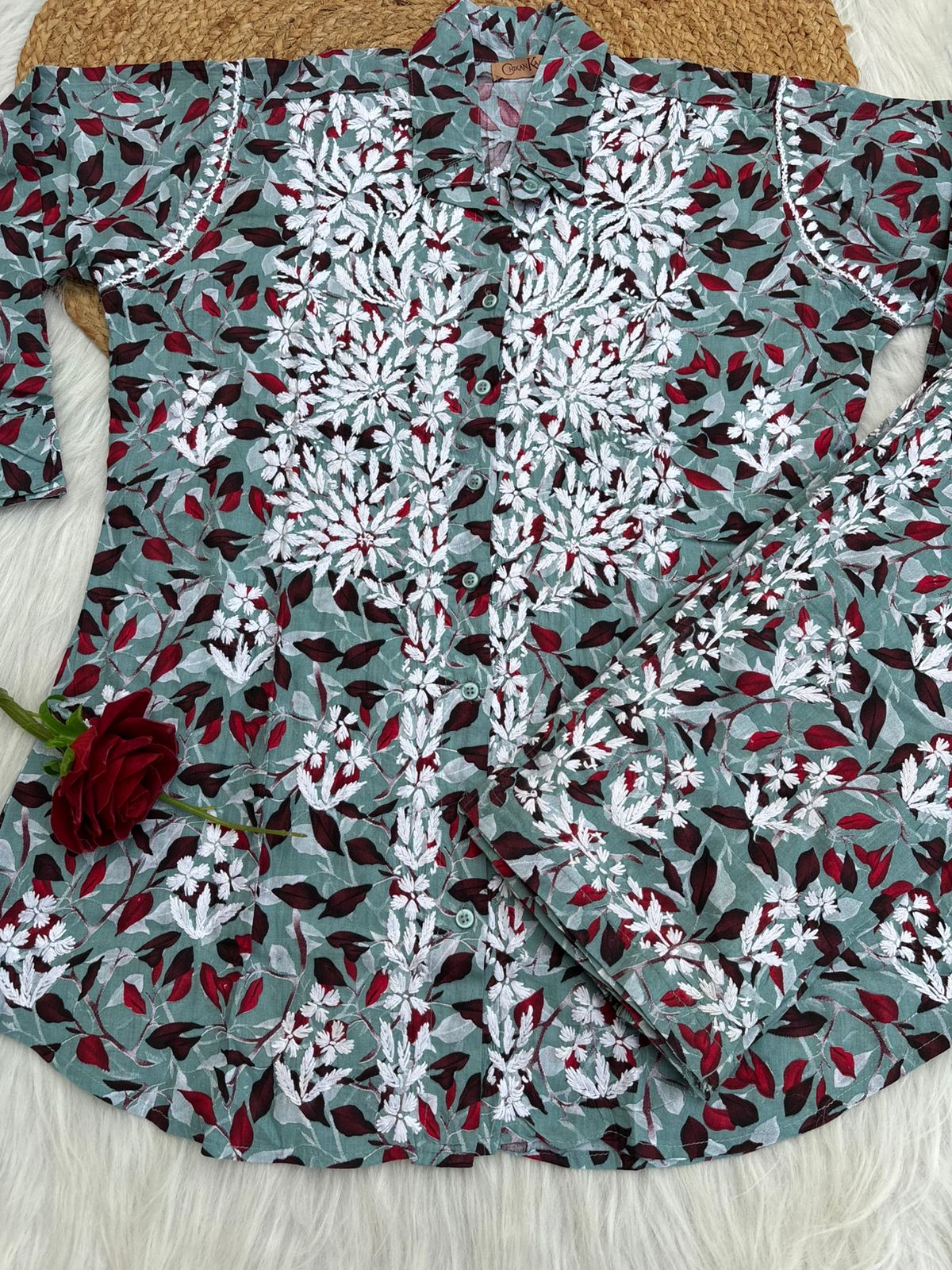 Mulmul Cotton Lucknowi Chikankari Coord Set - Muted Blue Colour