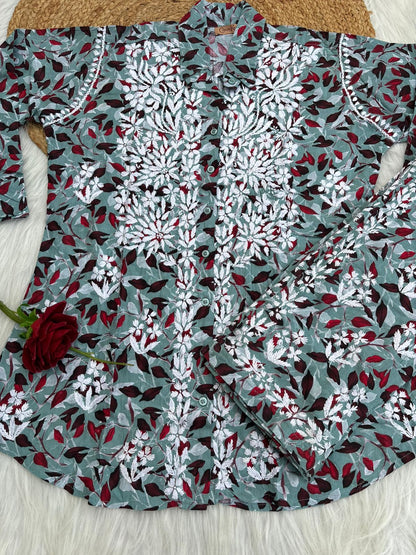 Ziya Mulmul Cotton Lucknowi Chikankari Shirt Coord Set - Muted Blue Colour