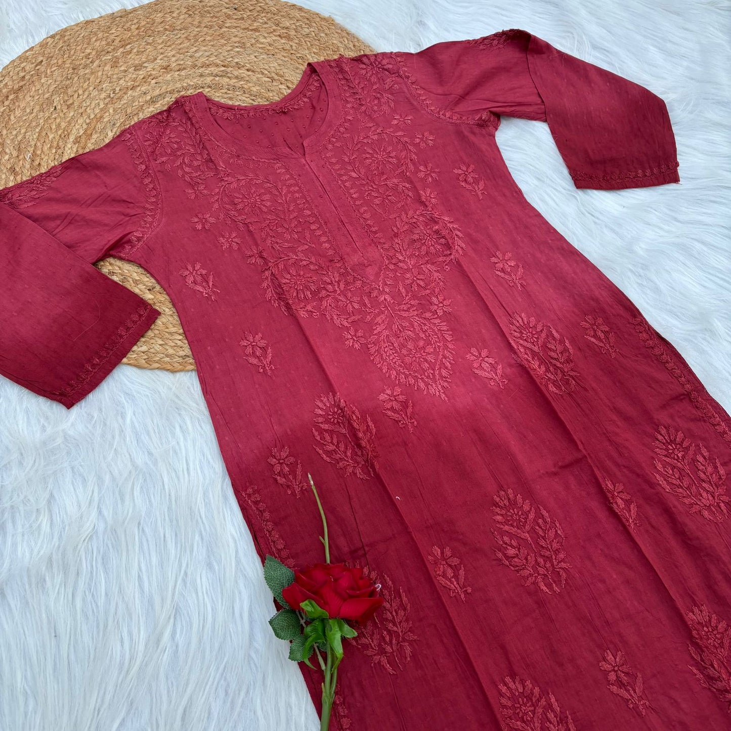 Tuba Ombre Shaded Dobby Cotton Chikankari Kurti - Brick Red Colour