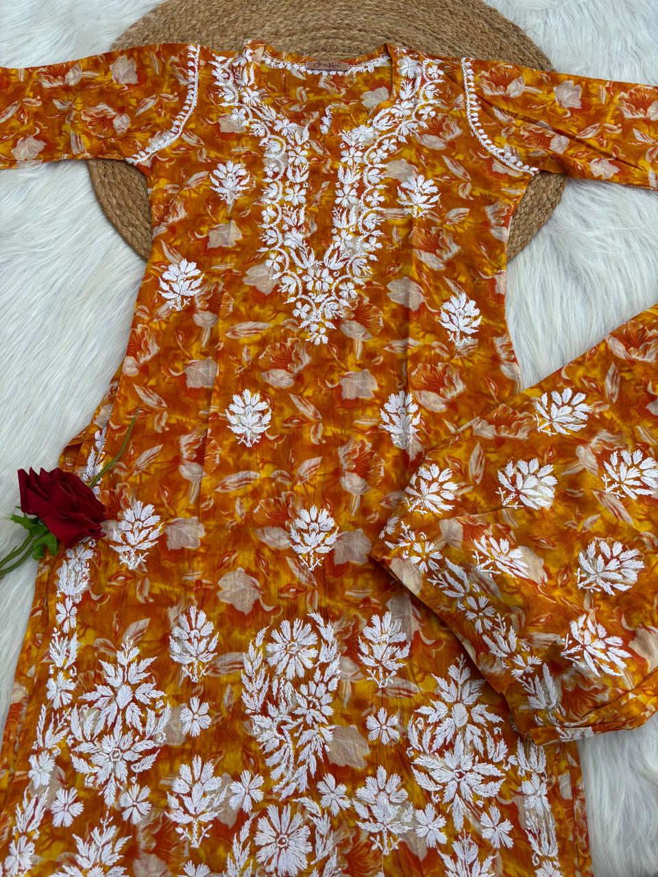 Elena Mulmul Cotton Handwork Chikankari Kurti Set - Warm Rust Colour