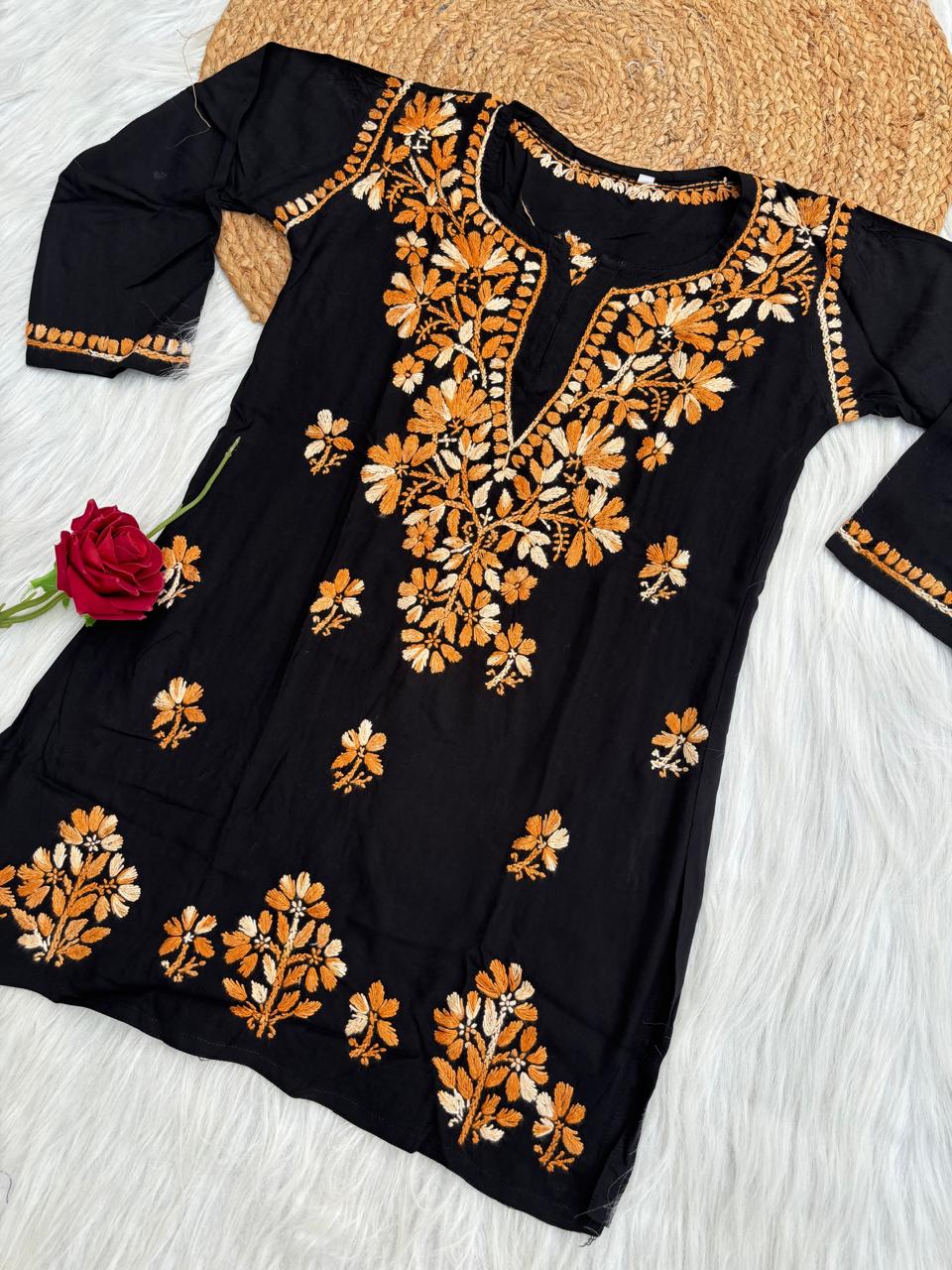 Mahek Soft Rayon Handwork Chikankari Short Kurti- Mustard Colour