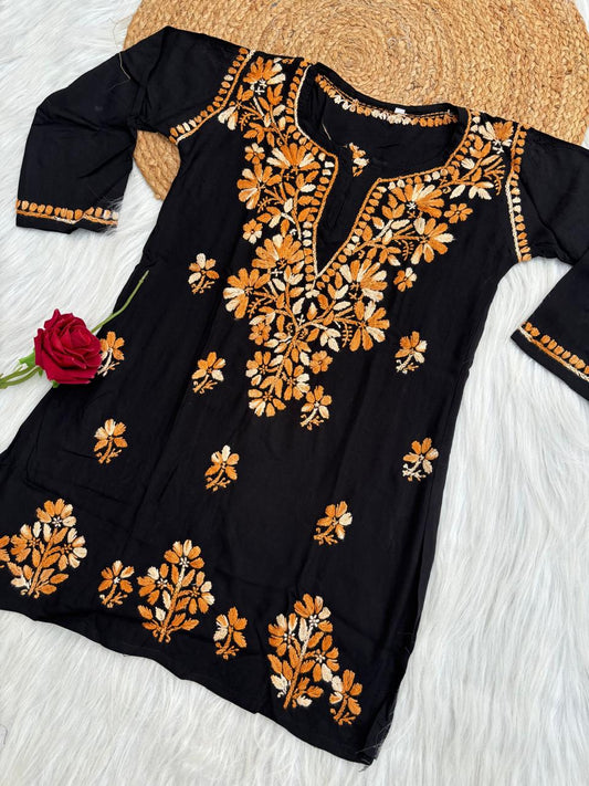 Mahek Soft Rayon Handwork Chikankari Short Kurti- Mustard Colour