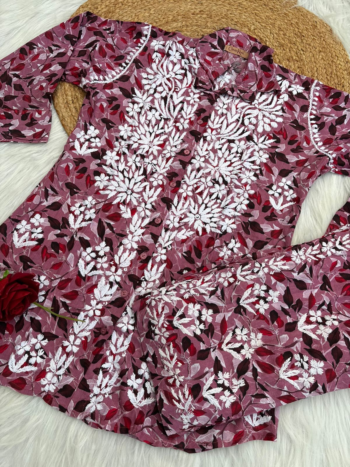 Mulmul Cotton Lucknowi Chikankari Coord Set - Cherry Colour