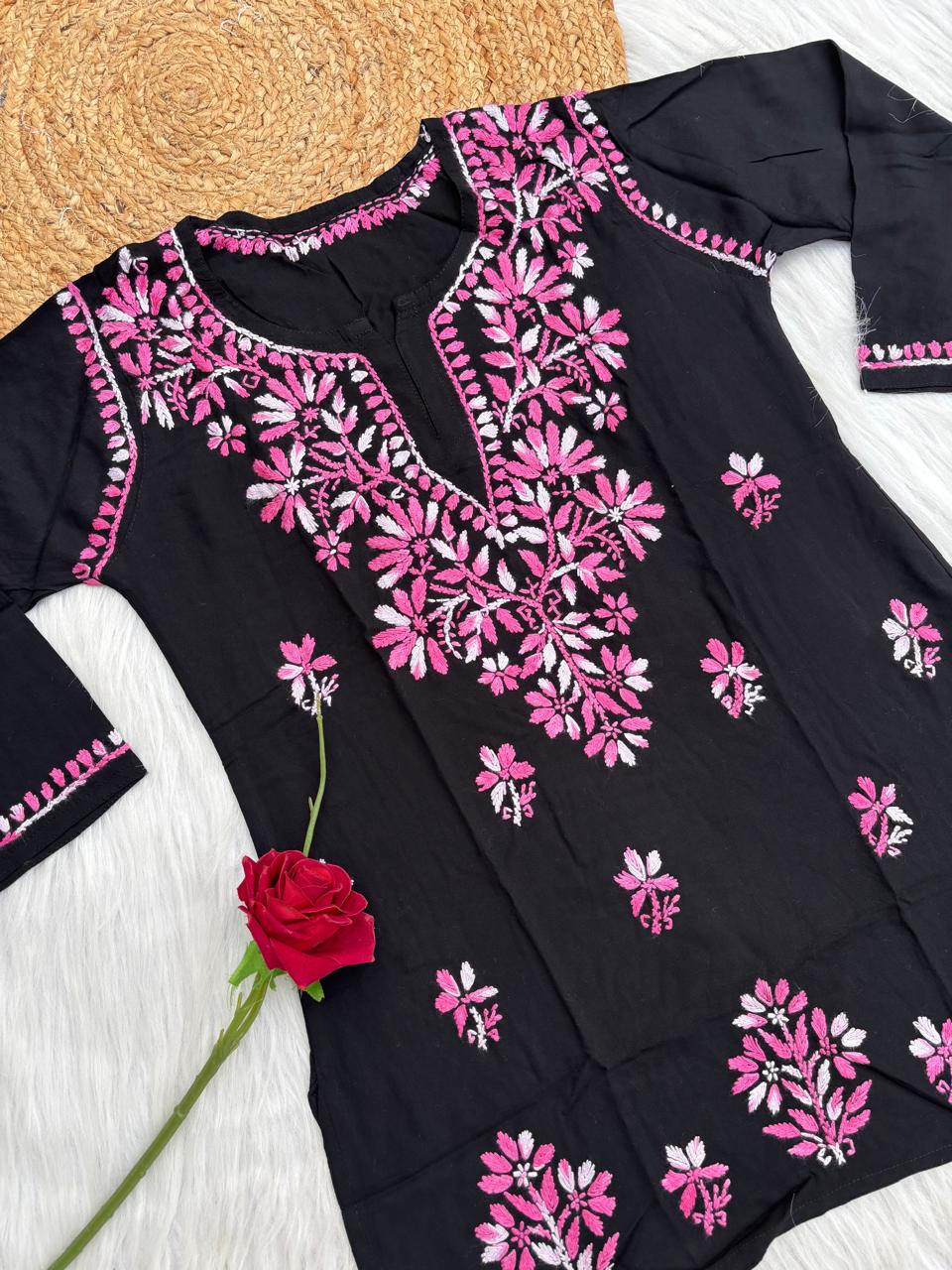Mahek Soft Rayon Handwork Chikankari Short Kurti- Baby Pink Colour