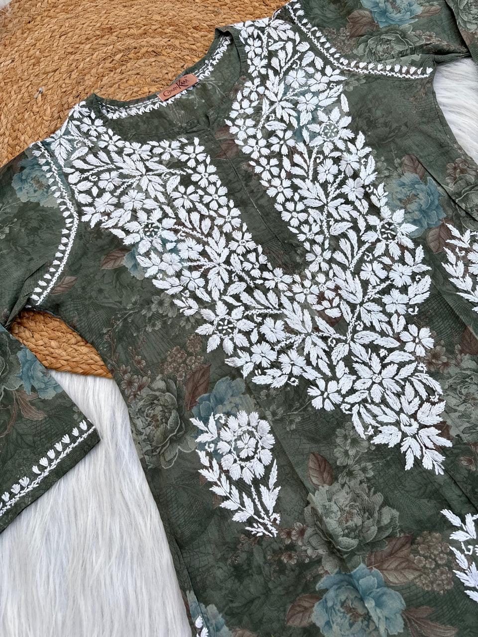 Zaina Pure Mulmul Chikankari Handwork Kurti - Dark Green Colour
