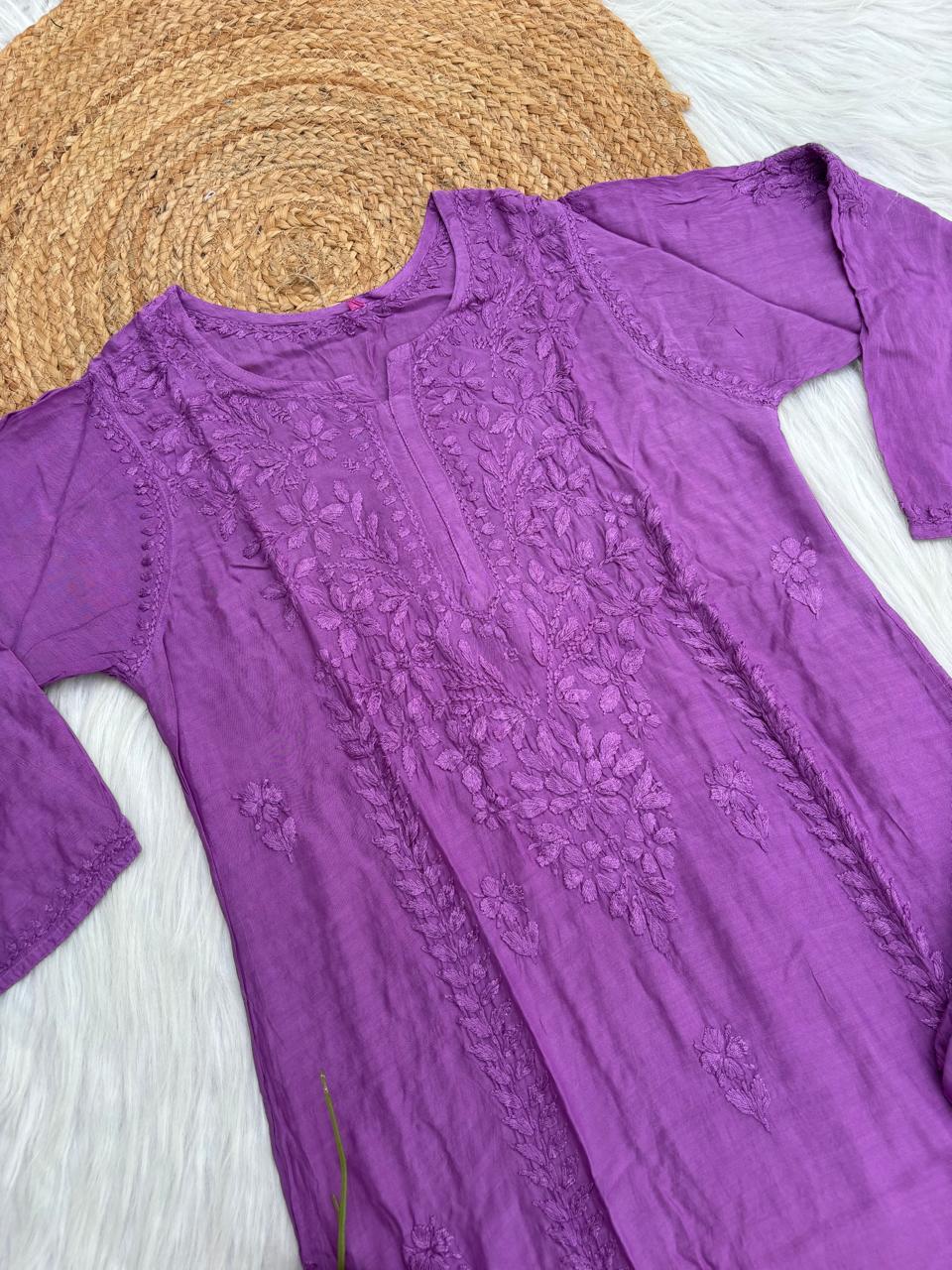Nadia Muslin Lucknowi Chikankari Kurti Pant Set - Purple Color