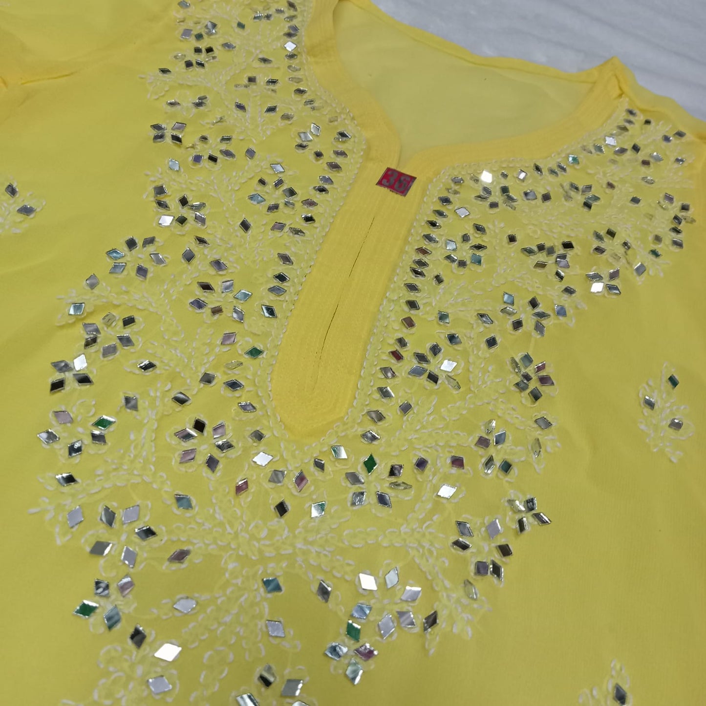 Georgette Mirror Work Chikankari Kurti With Inner - Yellow Colour