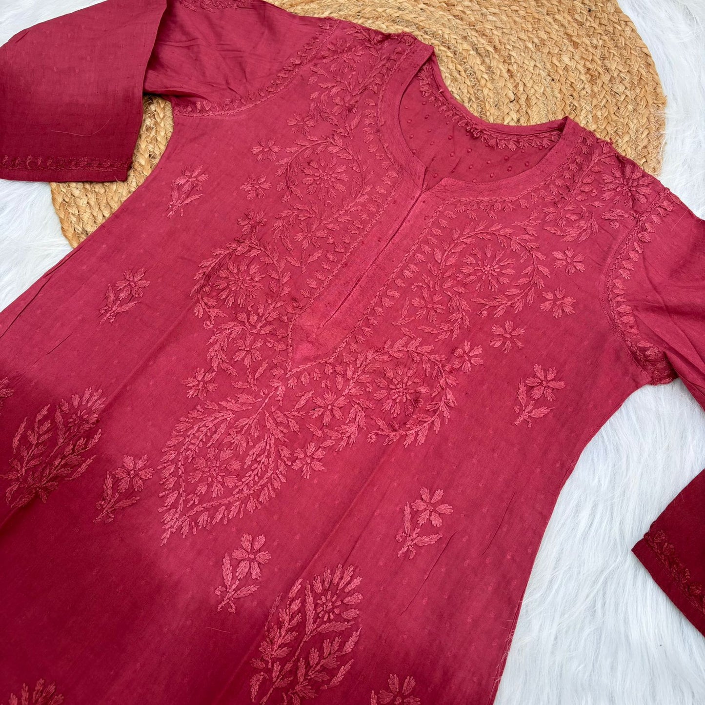 Tuba Ombre Shaded Dobby Cotton Chikankari Kurti - Brick Red Colour