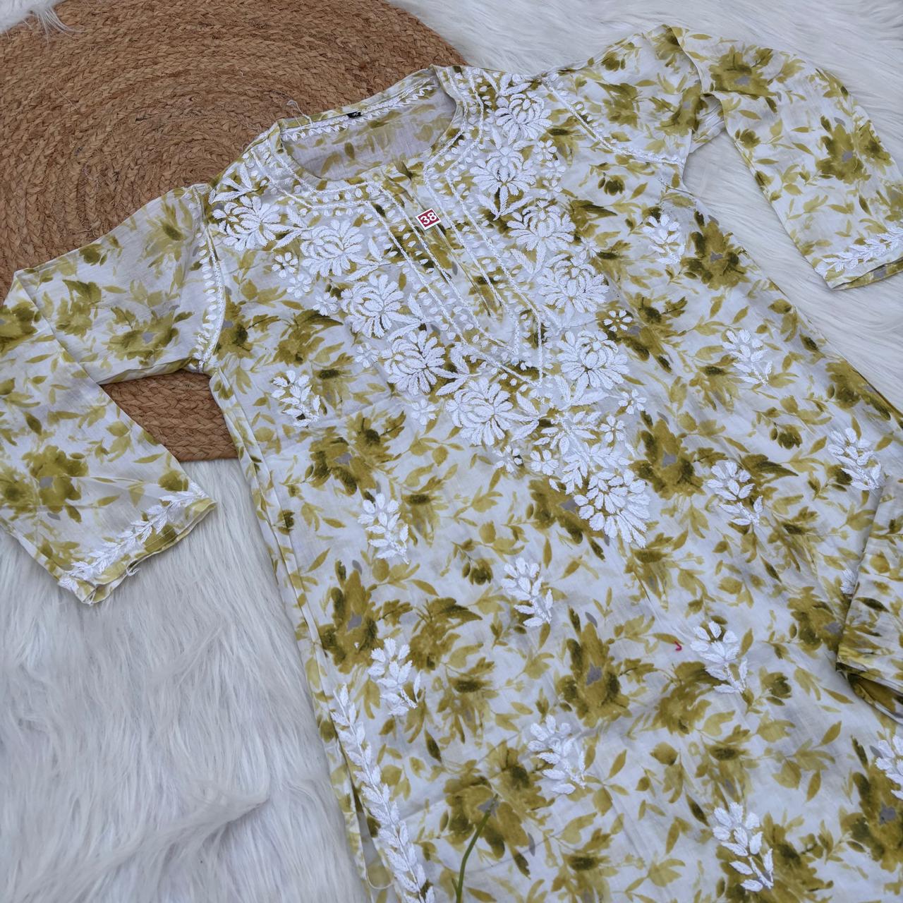 Aaliyah Mulmul Cotton Chikankari Kurti Set -Green Colour