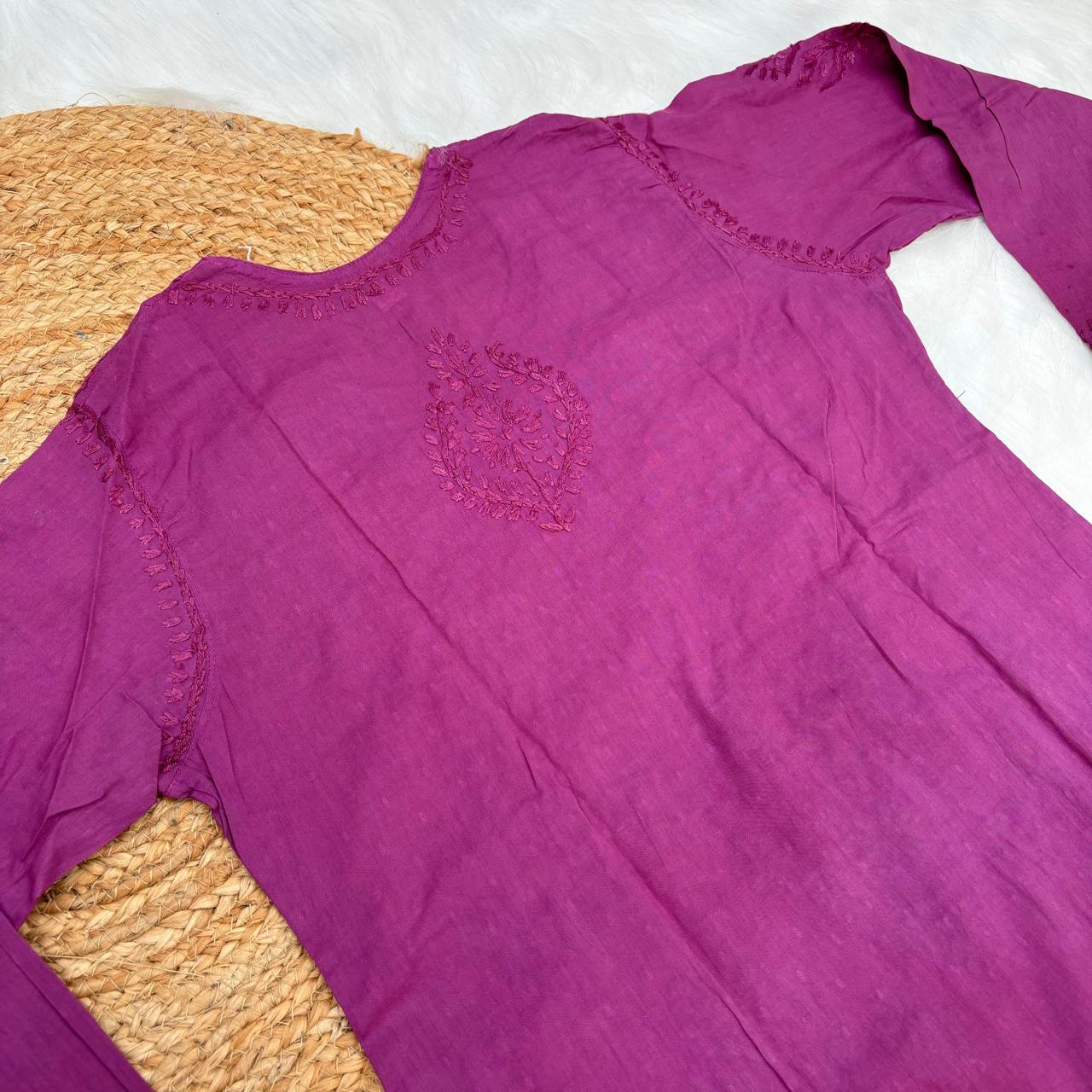 Tuba Ombre Shaded Dobby Cotton Chikankari Kurti - Wine Colour