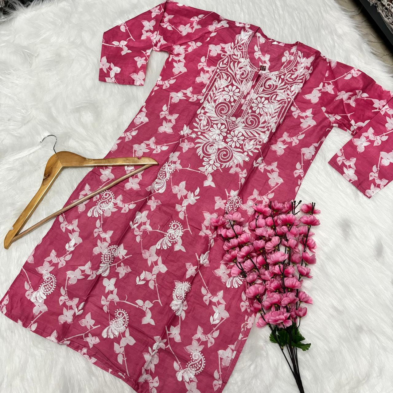 Mulmul Cotton Chikankari Machine Work Kurti - Pink Colour