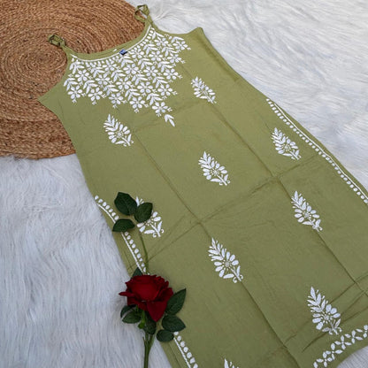 Safa Rayon Chikankari Noodle Strap Short Kurti - Pista colour (Length - 38")