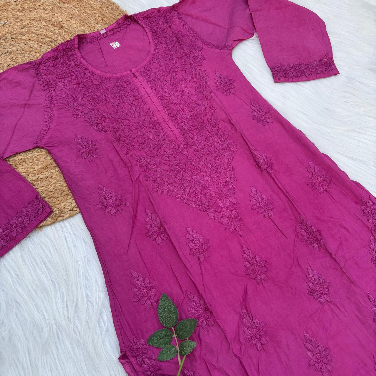 Zooni Chanderi Lucknowi Chikankari Dyed Kurti -Rani colour