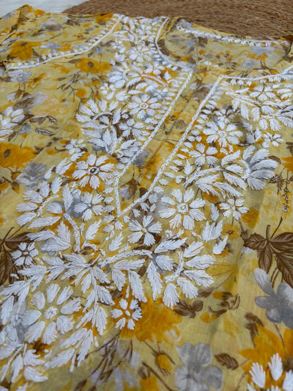 Alina Pure Mulmul Chikankari Handwork Kurti - Yellow Colour