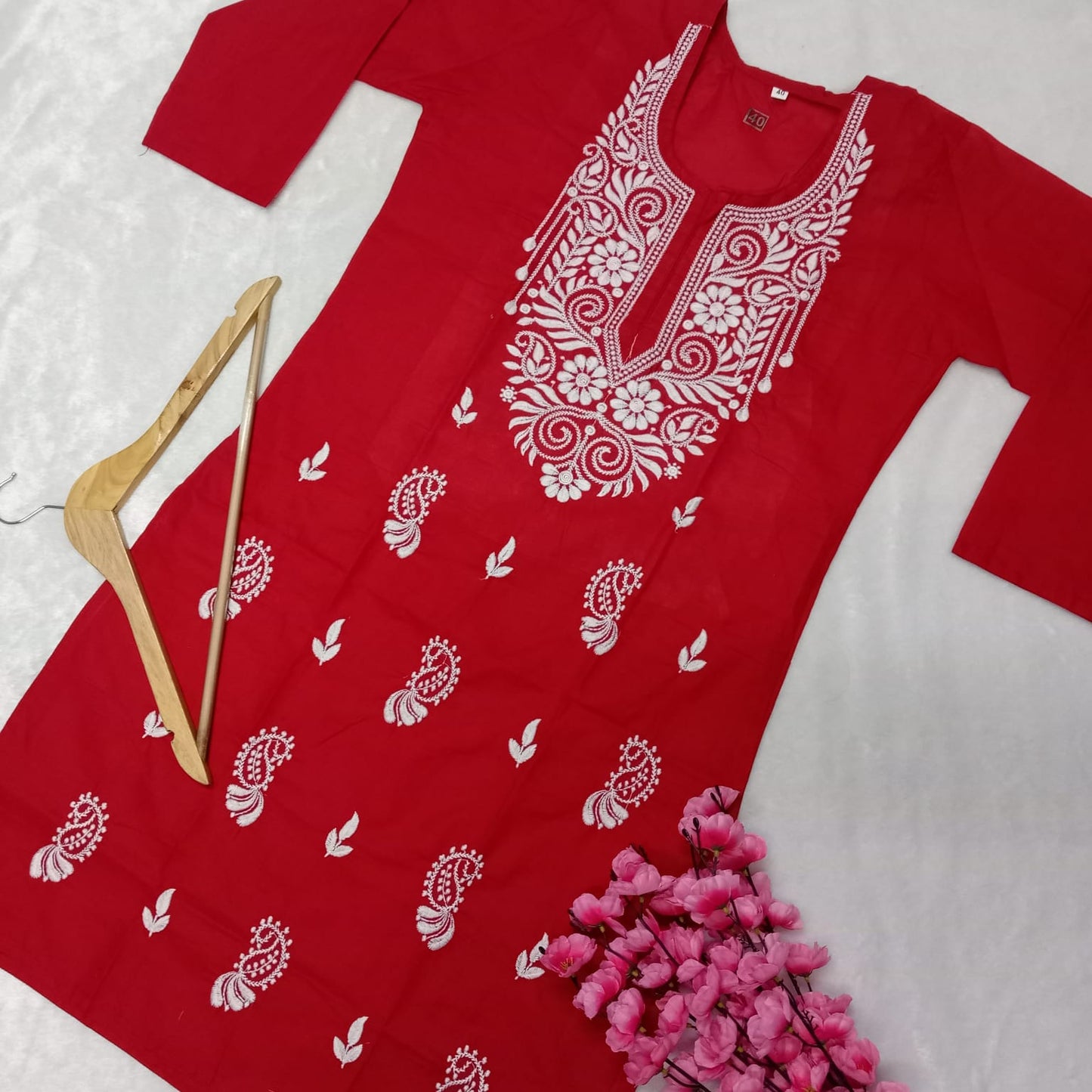 Cotton Machine Work Chikankari Kurti -Red Colour