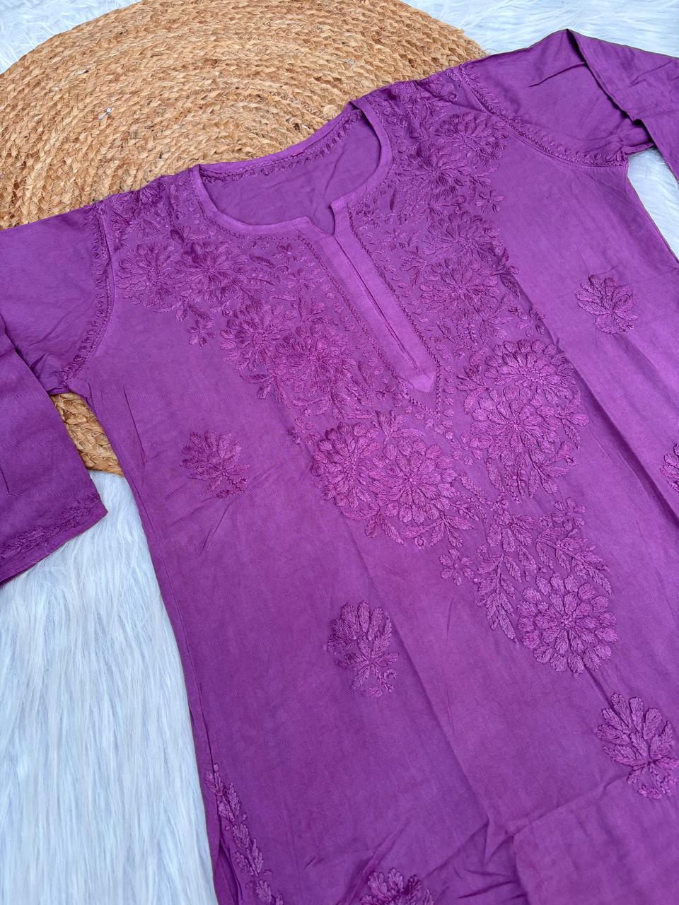 Rabab Dyeable Soft Rayon Handwork Chikankari Kurti - Wine Colour