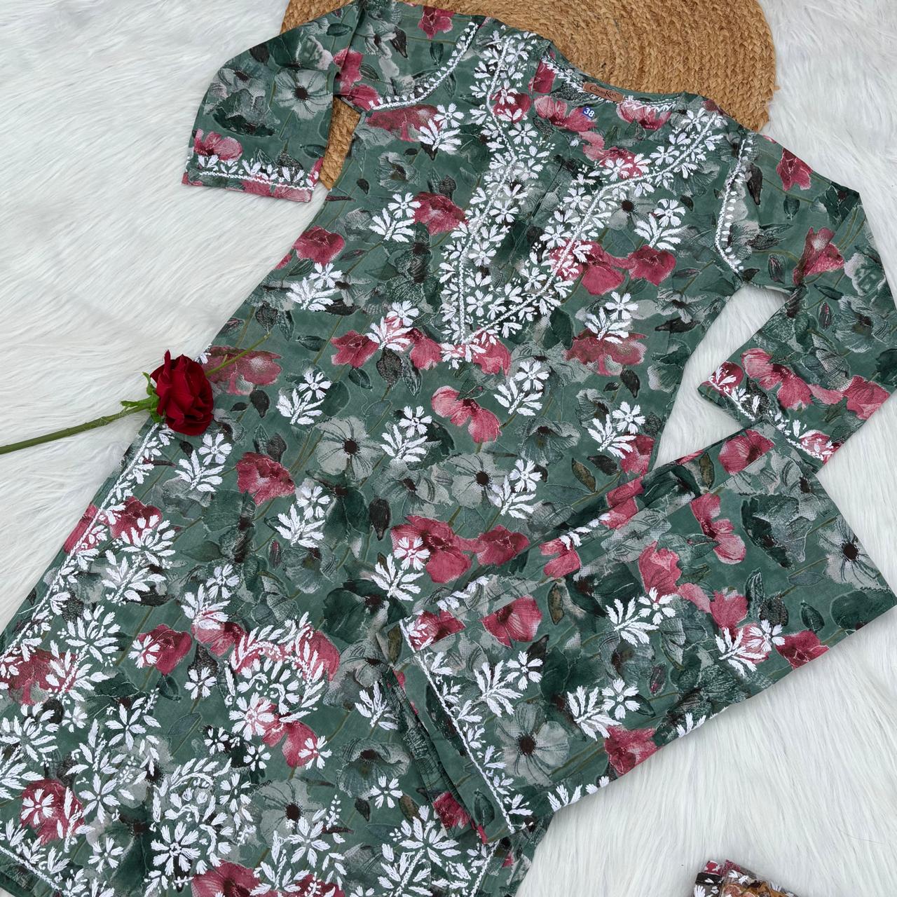 Jameela Mulmul Cotton Chikankari Kurti Set - Dark Green Colour