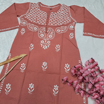 Adiva Pure Cotton Chikankari Handwork Kurti - Peach Colour