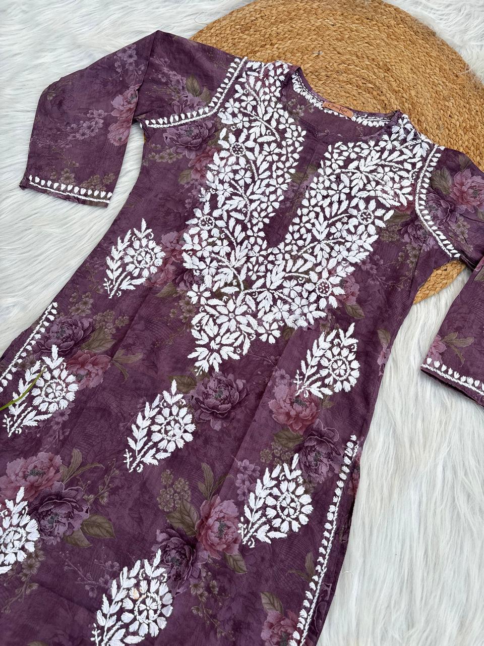 Zaina Pure Mulmul Chikankari Handwork Kurti - Purple Colour