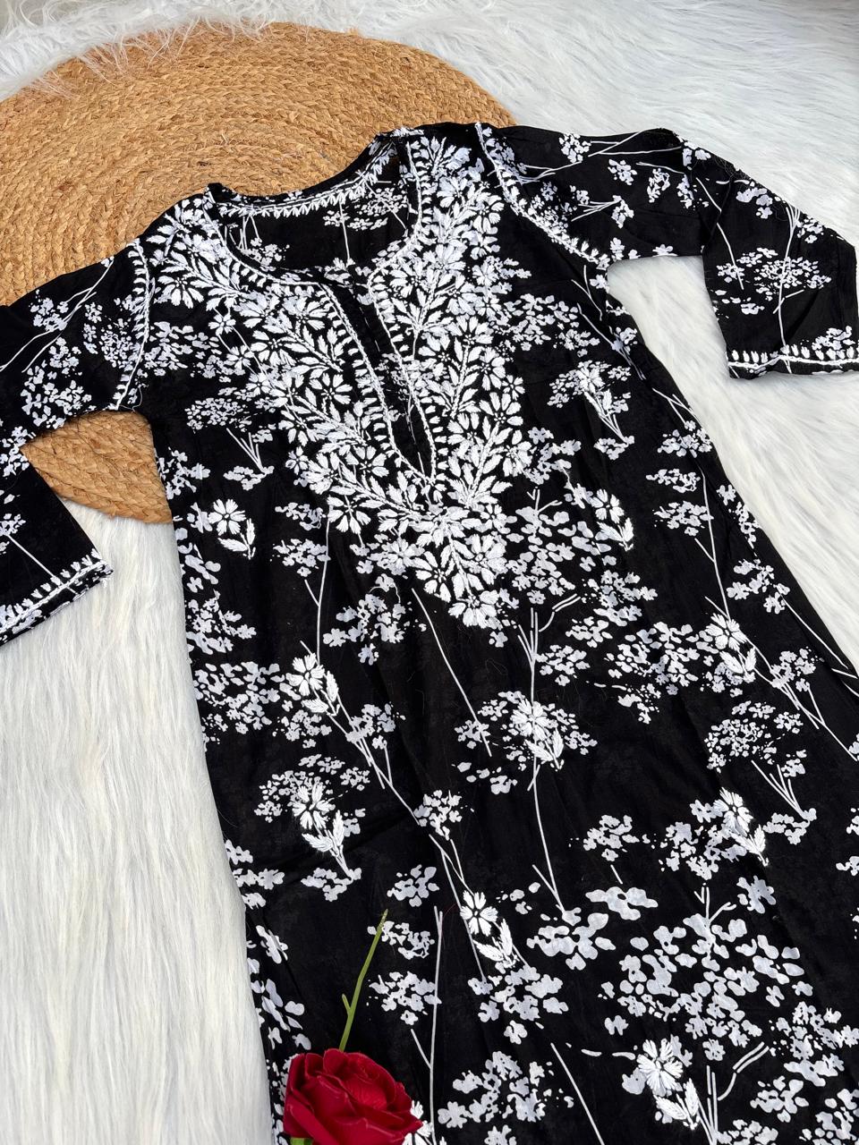 Sidra Pure Mulmul Chikankari Handwork Kurti - Black Colour