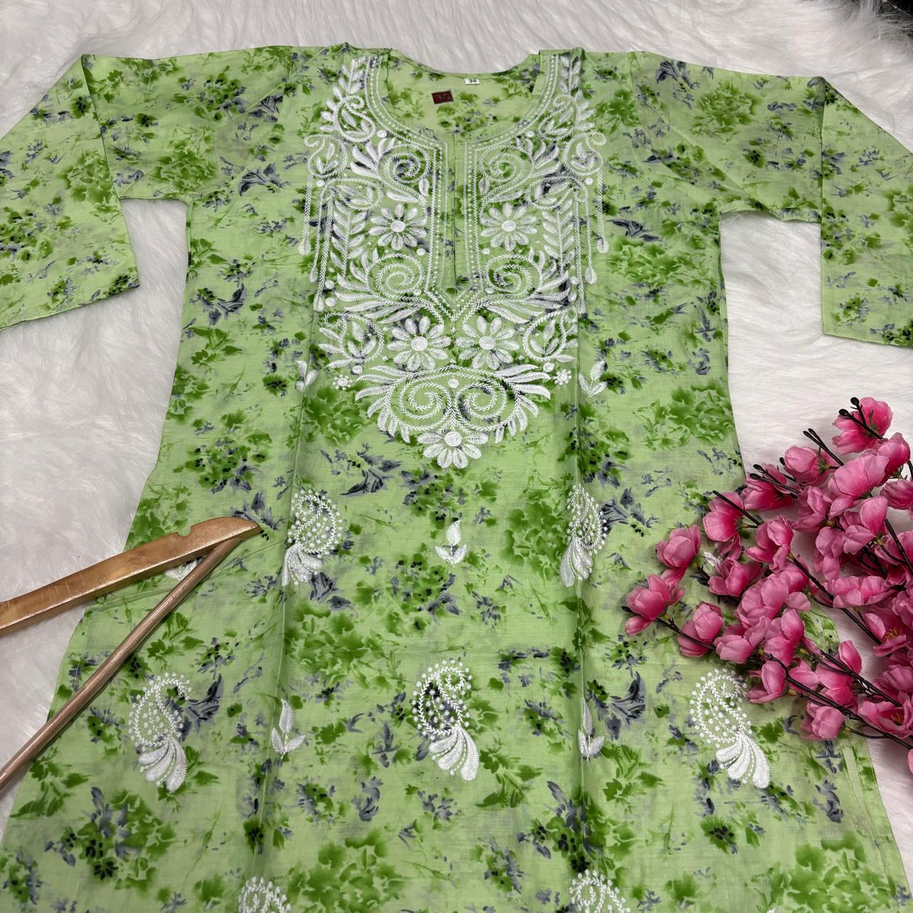 Mulmul Cotton Chikankari Machine Work Kurti -  Parrot Green Colour