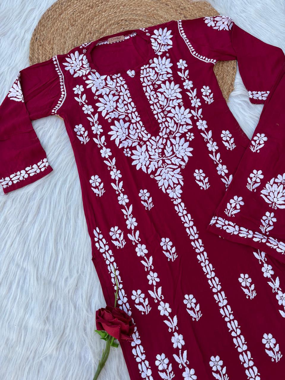 Samara Rayon Handwork Chikankari Kurti Plazo Set - Maroon Colour
