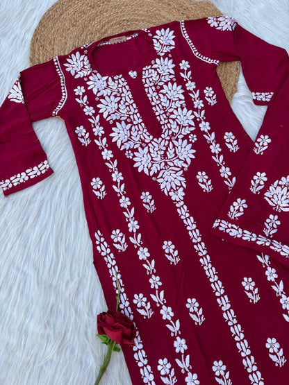 Samara Rayon Handwork Chikankari Kurti Plazo Set - Maroon Colour