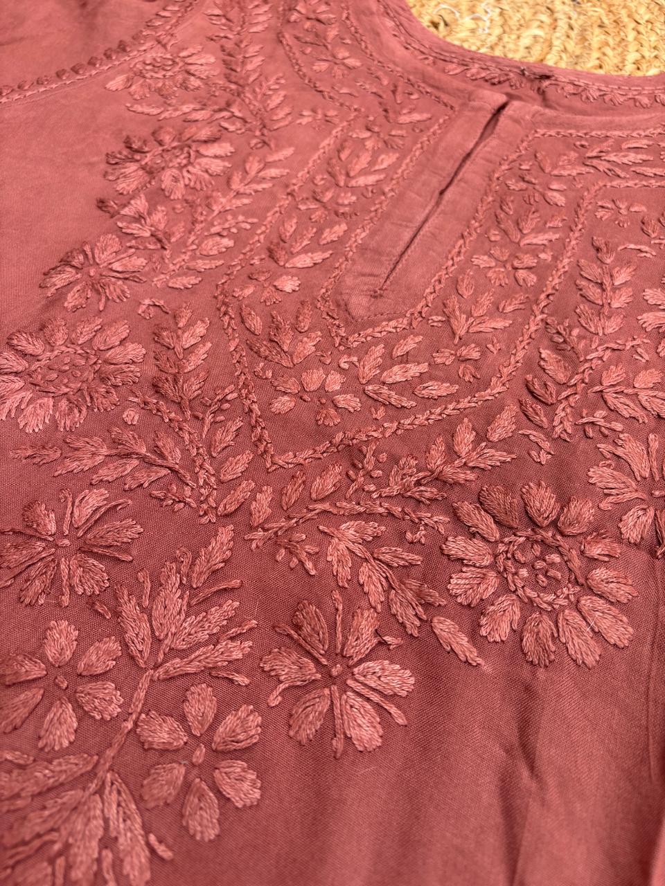 Kiara Dyeable Soft Rayon Handwork Chikankari Kurti - Brown Colour