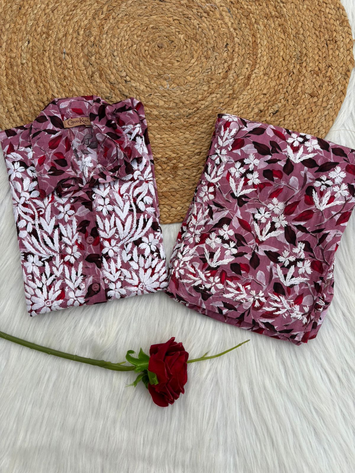 Mulmul Cotton Lucknowi Chikankari Coord Set - Cherry Colour