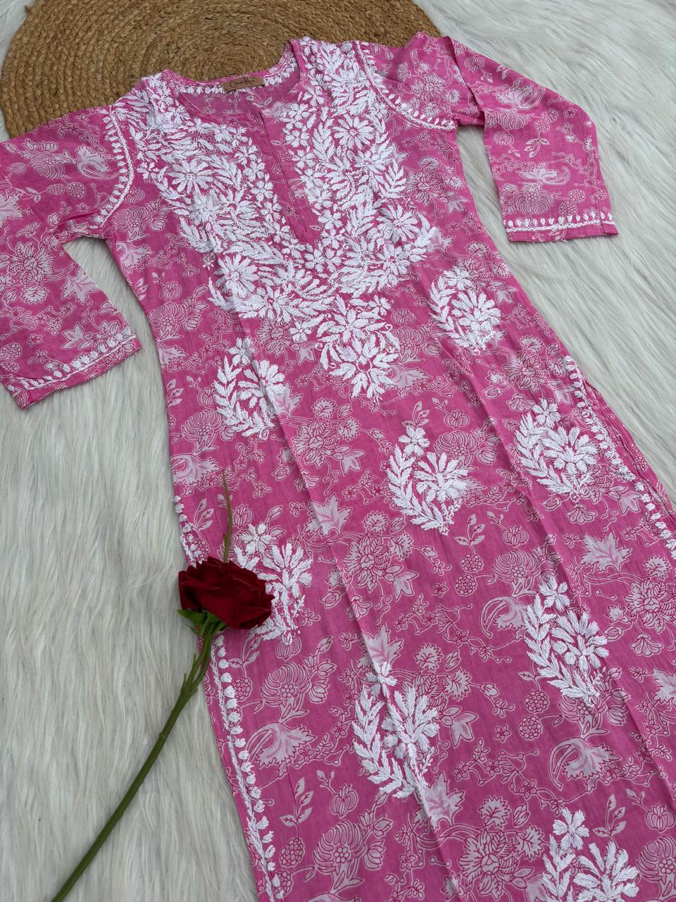 Sameera Pure Mulmul Chikankari Handwork Kurti - Pink Colour