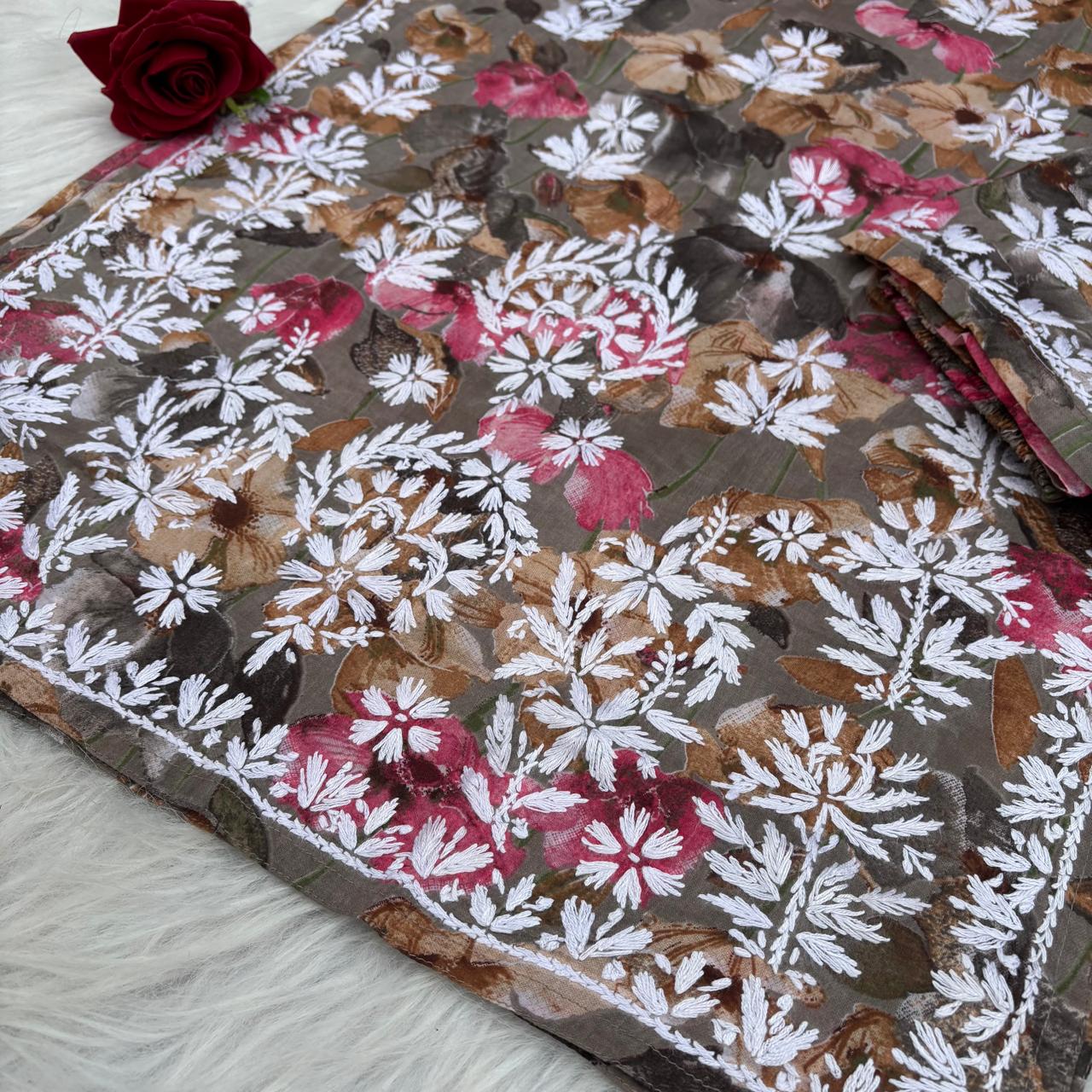 Jameela Mulmul Cotton Chikankari Kurti Set - Muted Brown Colour