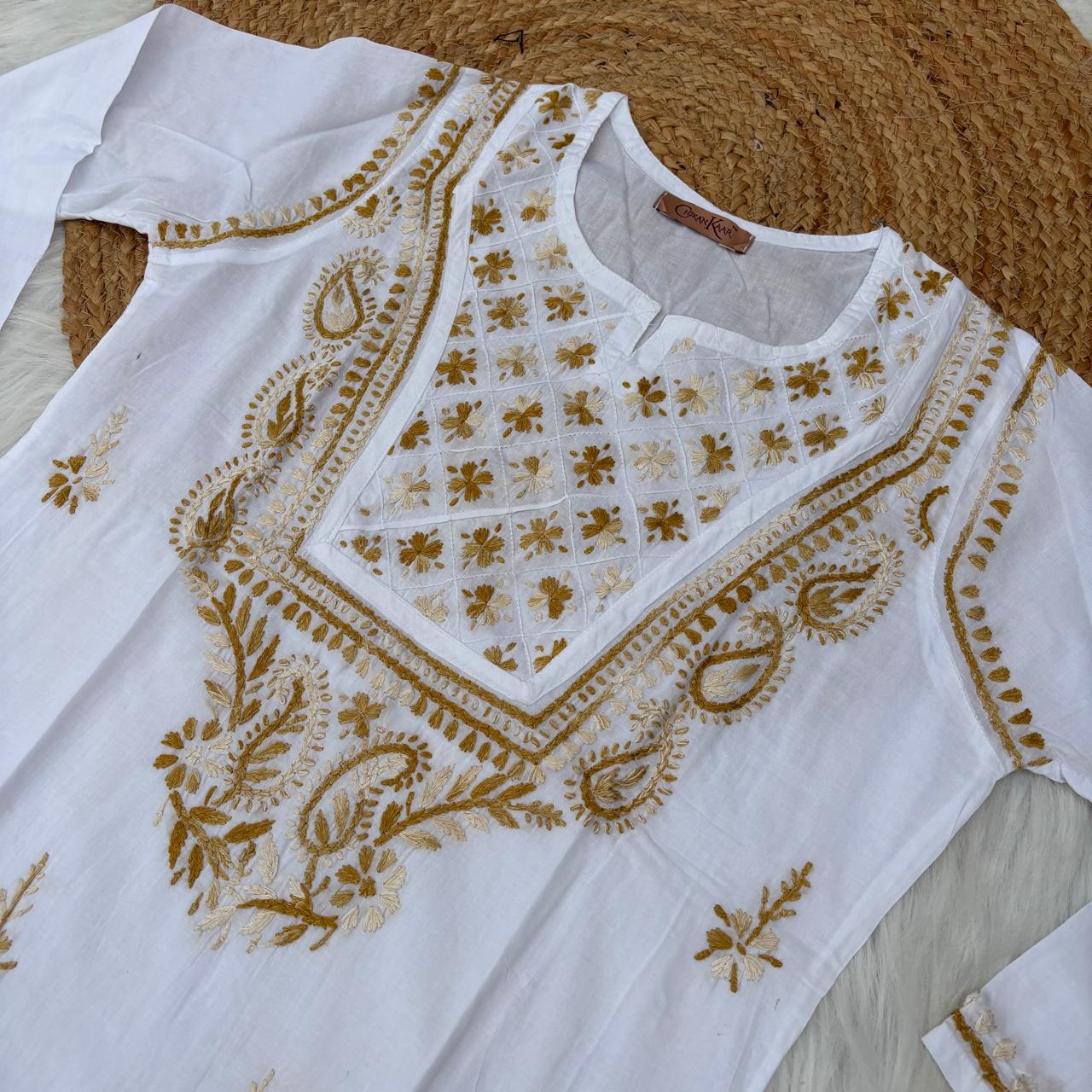 Zoya Cotton Lucknowi Chikankari Kurti - Mustard Color