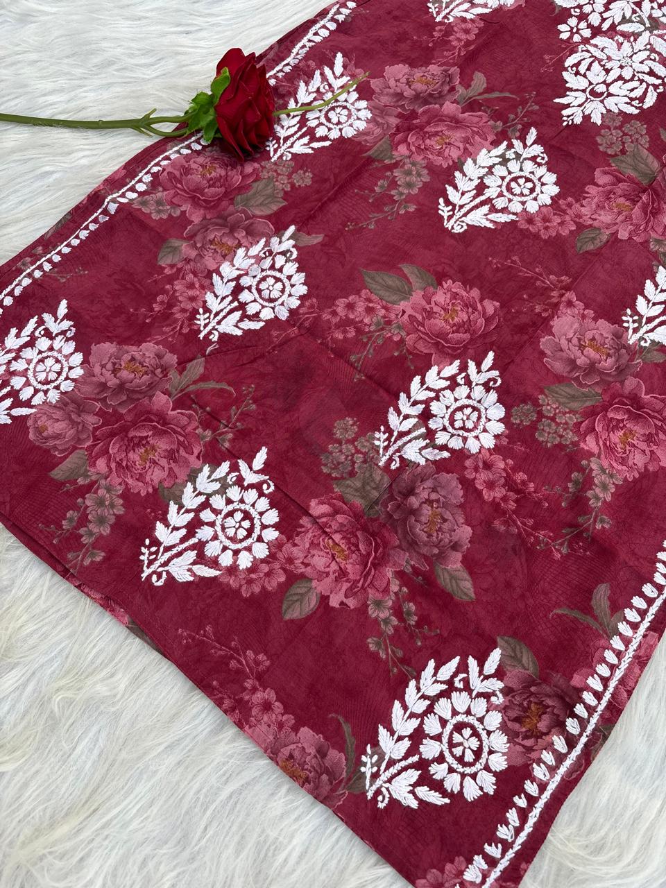 Zaina Pure Mulmul Chikankari Handwork Kurti - Red Colour