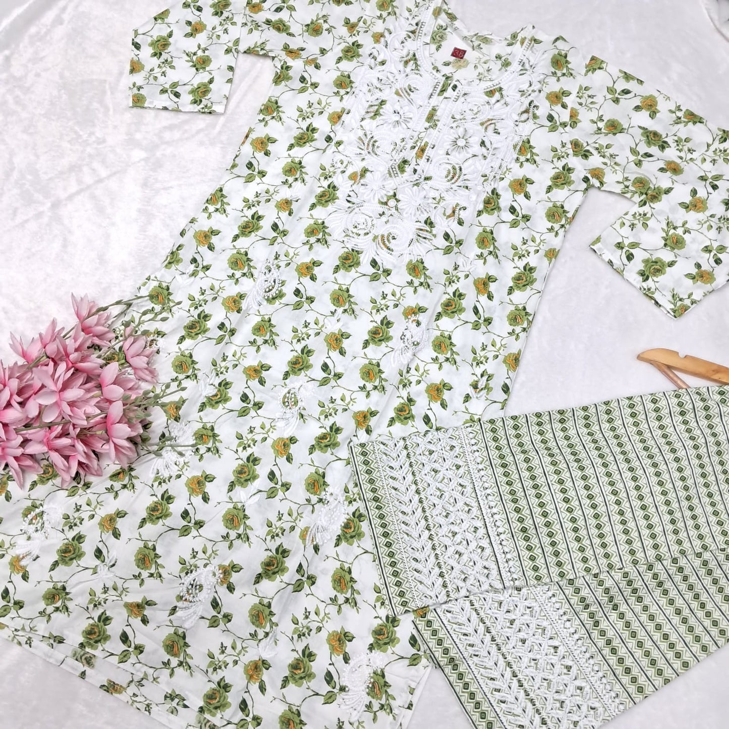 Printed Cotton Chikankari Machine Work Kurti Plazo Set - Green Colour ( Free Earrings!)